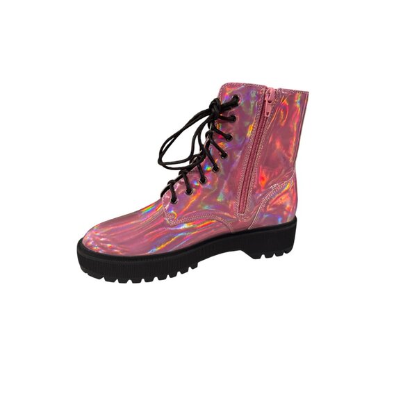 Holographic Pink Combat Boots With Black Soles & Laces Side Zipper Closure - Picture 3 of 6